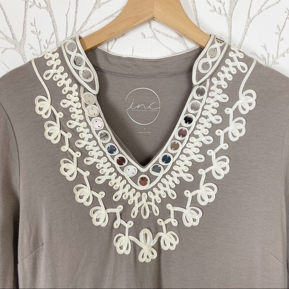 INC International Concepts Taupe Embellished Pima Cotton V-Neck Top Large - Picture 3 of 12